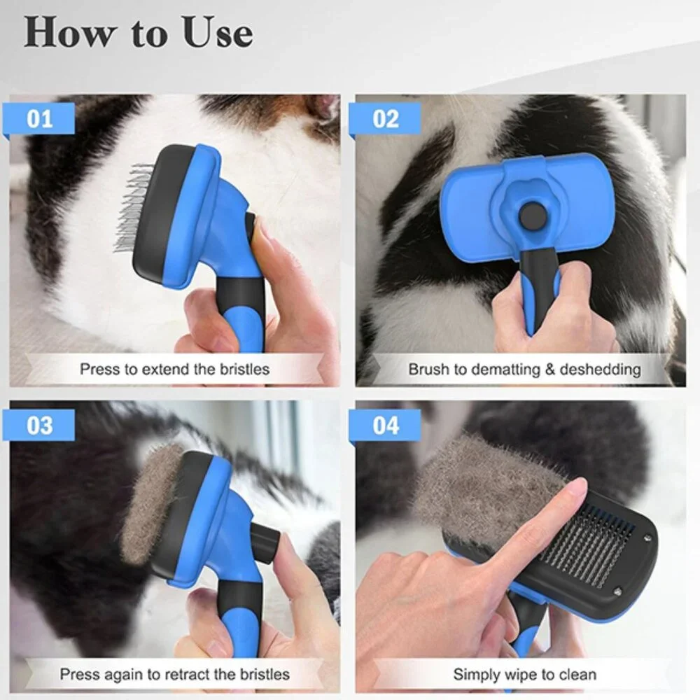 Self-Cleaning Brush for Dogs & Cats – Blue – Deshedding Tool with Accessories